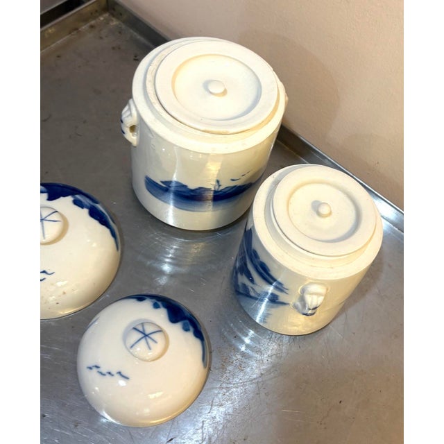 Asian Blue/White Hand-Painted Asian Ceramic Canisters Set of Two For Sale - Image 3 of 7