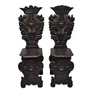 18th Century Italian Renaissance Lion Carved Walnut Sgabello Hall Chairs - a Pair