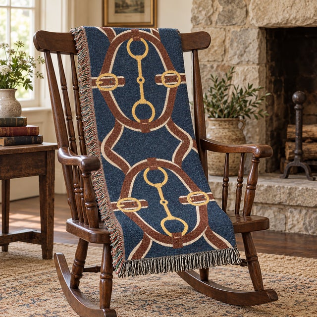 Ralph Lauren Equestrian Bridle Woven Throw Blanket – Cotton Tapestry With Fringe, 60 × 50 For Sale - Image 4 of 5