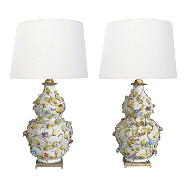 Fine Pair of Continental Double-Gourd Lamps With Applied Floral Vines For Sale