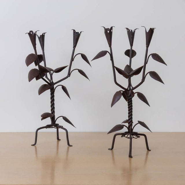 French 1930s Pair of French Iron Leaf Candlesticks For Sale - Image 3 of 14