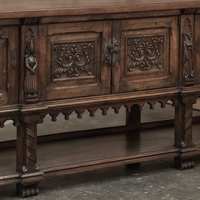 Wood Grand French Gothic Revival Oak Raised Buffet ~ Credenza For Sale - Image 7 of 18
