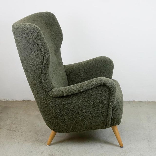 Mid-Century Grey-Green Bouclé Wingback Armchair, Austria, 1950s For Sale - Image 9 of 11