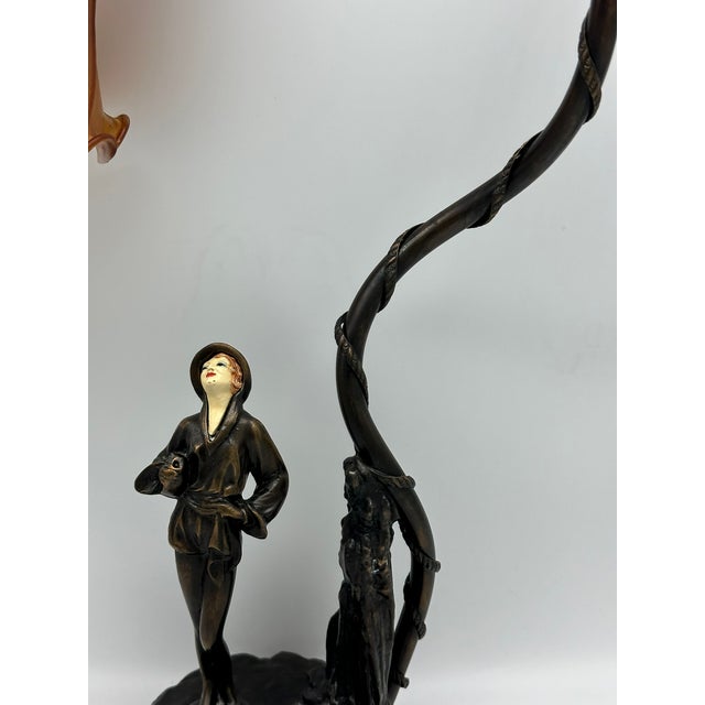 Early 20th Century Art Deco Desk Lamp, Bronze-Colored Metal With Art Glass Shade, Figure of Woman For Sale In Seattle - Image 6 of 11