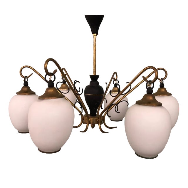 Pendant Light in Brass, Aluminum and Opaline Glass in the style of Stilnovo, Italy, 1950s For Sale