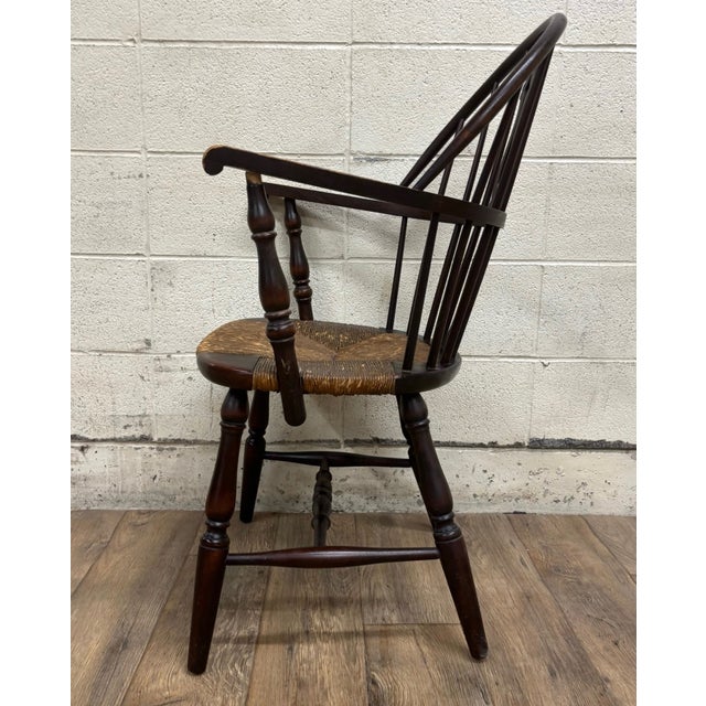 Brown Vintage or Antique Sack Back Rush Seat Windsor Arm Chair For Sale - Image 8 of 10