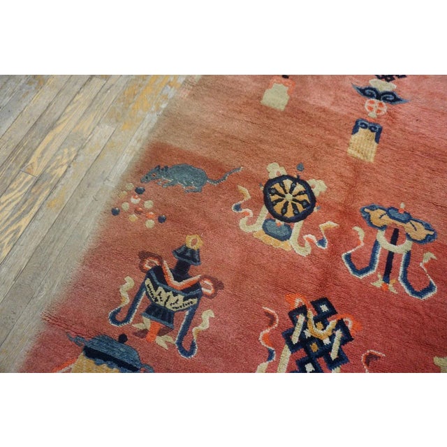 1920s 1920s Salmon Eight Auspicious Symbols Antique Chinese Ningxia Pillar Carpet 3'7'' X 8'10'' Knotted Wool Rug For Sale - Image 5 of 8