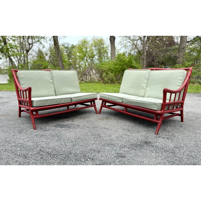 1950’s Ficks Reed / McGuire Style 2-Piece Sectional Sofa in Red For Sale - Image 10 of 12