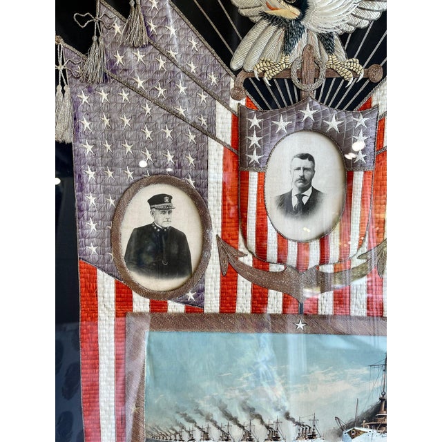 Japanese Antique Textile Panel of American Historical Great White Fleet For Sale - Image 13 of 13