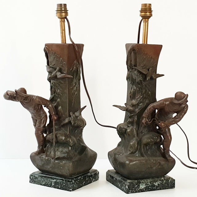 Art Deco Metal and Marble Fisherman's Lamps, 1940s, Set of 2 For Sale - Image 11 of 11