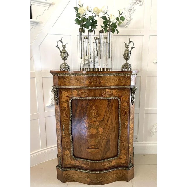 Victorian Burr Walnut Inlaid Floral Marquetry Side Cabinet, 1850s For Sale - Image 3 of 13