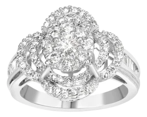 14K White Gold 1.0 Cttw Round & Baguette Cut Diamond Floral Cluster Quatrefoil Channel Set Band Cocktail Statement Ring - Size 6-3/4