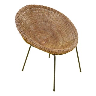 Rounded Wicker and Metal Lounge Chair For Sale