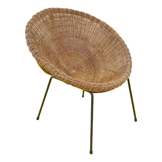 Rounded Wicker and Metal Lounge Chair For Sale