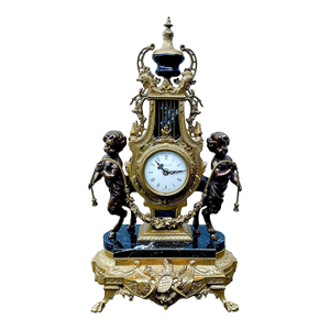 Vintage Italian Gilt Bronze & Marble Rococo Lyre Clock With Faun Figurals