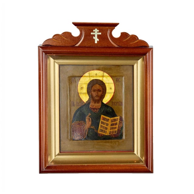 Icon of the ark "Savior Almighty" of the second half of the 19th century in a modern icon case . Wood, gesso, tempera,...