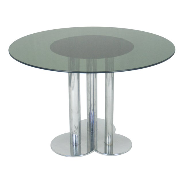 Vintage Round Smoked Glass and Chrome-Plated Trifoglio Table by Sergio Asti for Poltronova, 1969 For Sale