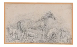Horse with Herds - Original China Ink Drawing by Filippo Palizzi - 1895 1895