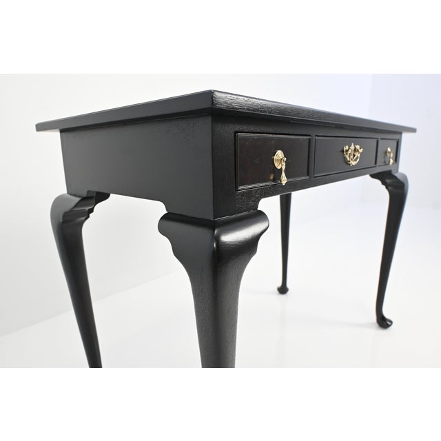 Brass Kittinger Ebonized Mahogany & Burl Wood Writing Desk / Console | Newly Refinished For Sale - Image 8 of 15