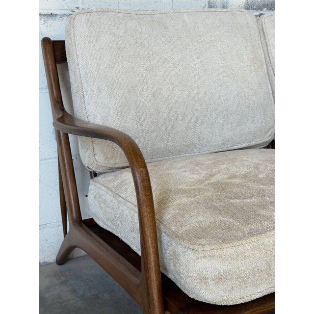 Teak 3-Seater Sofa With Spindle Back and Fabric Cushions Danish Mid-Century Modern 1960s For Sale - Image 4 of 12