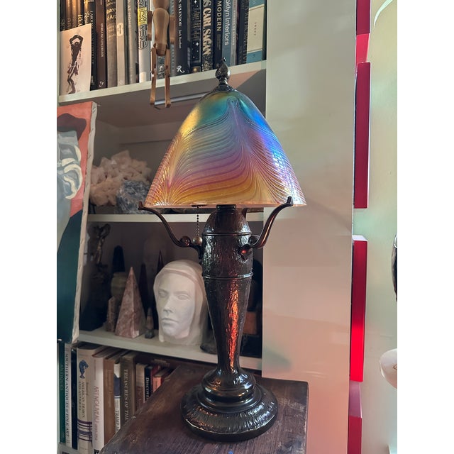 Traditional Quoizel Salamander Starry Night Lamp - Tiffany Style Art Glass Shade by Todd Phillips- Signed For Sale - Image 3 of 9