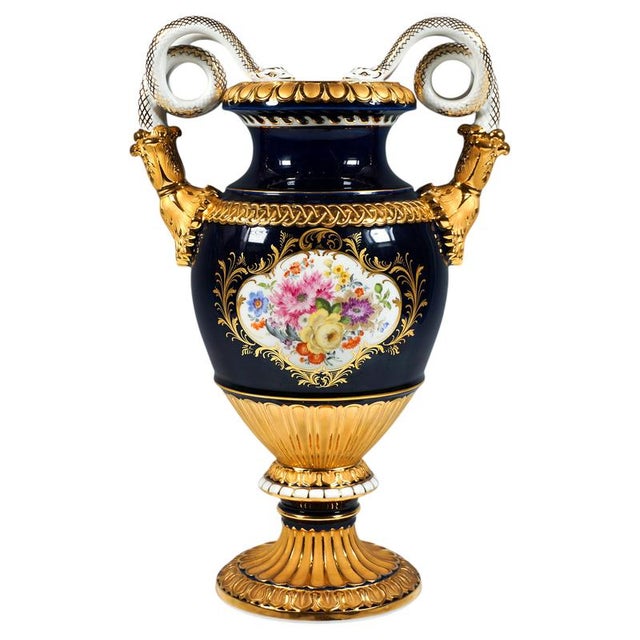 Metal 20th Century Snake Handle Vase Cobalt with Flower Painting and Gilding from Meissen, 20th, 1992 For Sale - Image 7 of 7