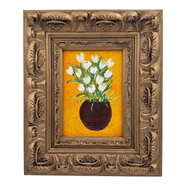 Original Floral Still Life Painting White Tulips in Gold Ornate Frame - Signed “Cathy” For Sale