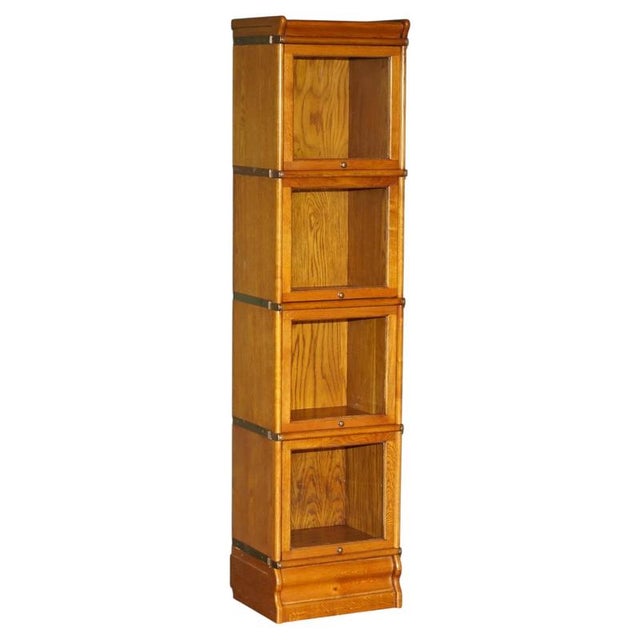 Antique Modular Honey Oak and Gilt Brass Stacking Bookcase with Glazed Retracting Doors For Sale - Image 18 of 18