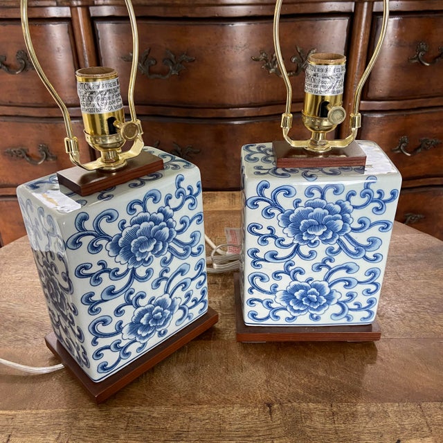 Petite Ralph Lauren Blue and White Chinoiserie Square Lamps, a Pair For Sale - Image 6 of 7