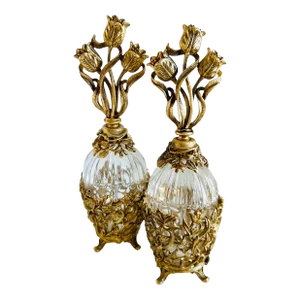 Vintage Gilt Ormolu Tulip Bouquet Floral Glass Perfume Bottles with Daubers- a Pair
