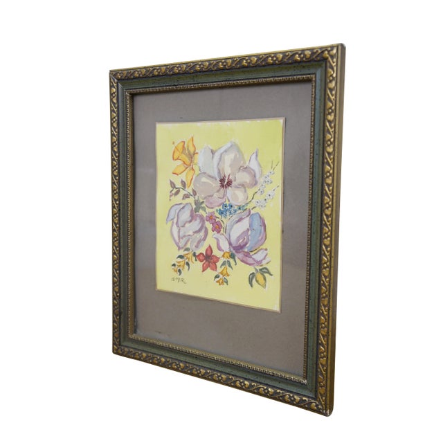 Vintage 20th century Helen McRae watercolor painting on paper of a bouquet of multiple flowers on a yellow background....