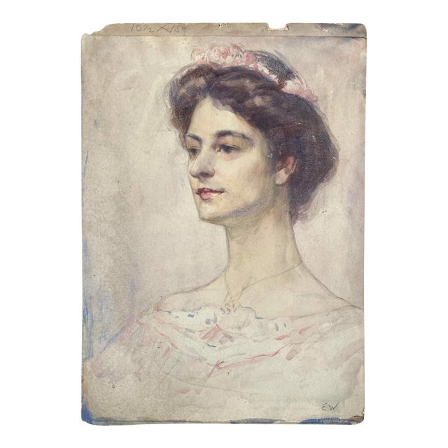 Antique Historic New Orleans Portrait Watercolor Painting of a Lady by Ellsworth Woodward For Sale