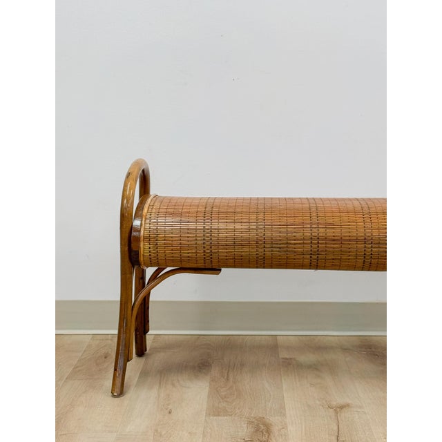 Mid 20th Century French Style Bentwood Rattan Woven Bench Vintage MCM 1960s Accent Boho Design For Sale - Image 5 of 11