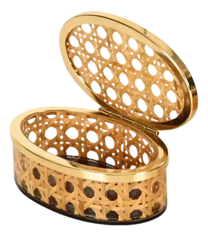 Mid-Century Oval Decorative Box in Brass, Acrylic Glass and Vienna Straw from Dior, Italy, 1970s