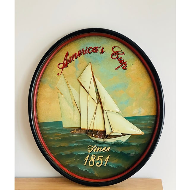 American Antique Sailing American Cup Oval Marine BasRelief Painting For Sale - Image 3 of 6