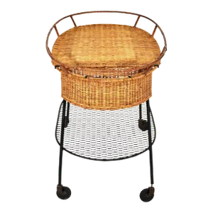 Mid-Century Rattan and Wrought Iron Bar Cart by Arthur Umanoff