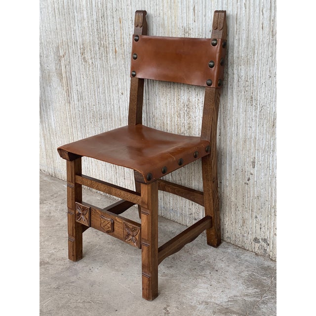 19th Vintage Spanish Carved Chairs With Leather Seat and Back - Set of