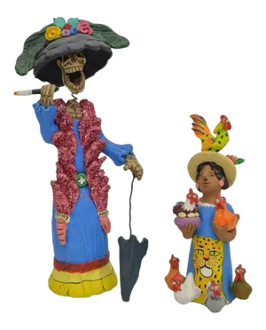 1980s Folk Art Oaxaca Signed Mexico Clay Catrina Munecas by Josefina Aguilar - a Pair