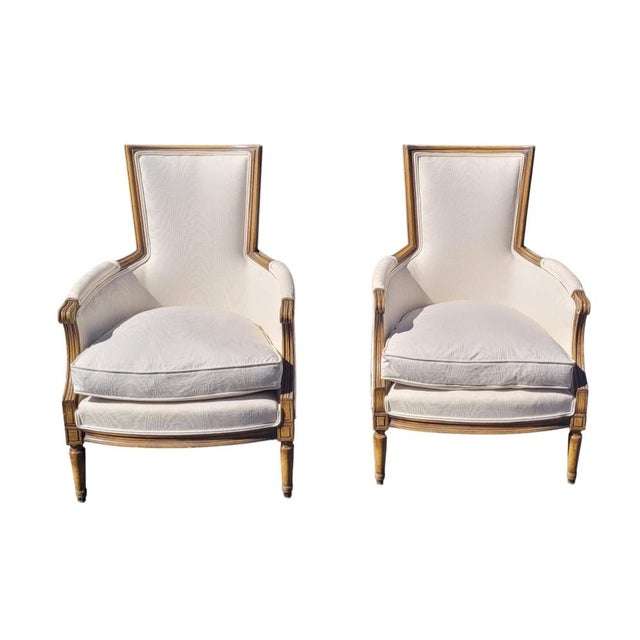 Pair Mid Century 1950s Arm Chairs White Moire Fabric For Sale - Image 11 of 11
