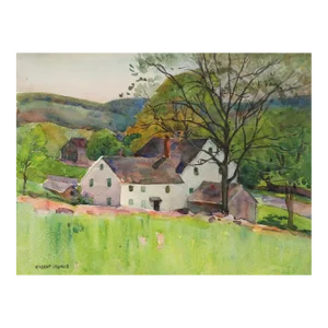 Vintage 1920s New England Farmhouse Landscape Watercolor Painting by Egbert Cadmus