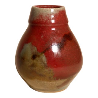 Wabi Sabi Handmade Studio Pottery Vase With Red & Earth Tone Reactive Glaze For Sale