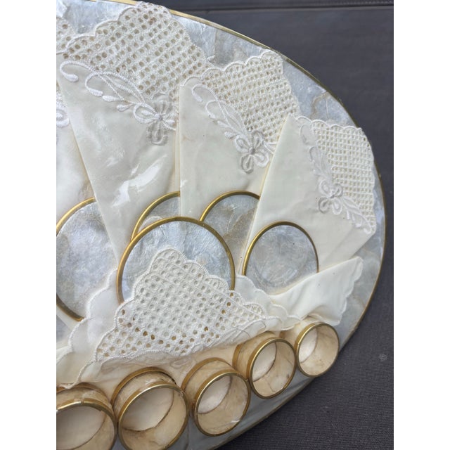 Contemporary New Old Stock Vintage Capiz Shell Table Setting – Set of 6 Placemats, Napkins, Napkin Rings & Coasters in Original Packaging For Sale - Image 3 of 11