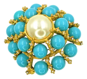 1960s Kenneth Jay Lane k.j.l Glass Pearl Turquoise Blue Brooch Gold Plated Vintage