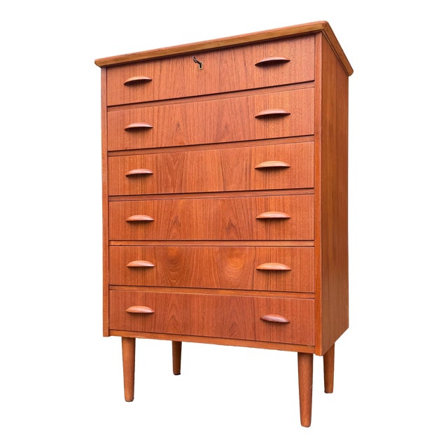 Danish Teak Chest of Drawers with Shell Handles and Lock For Sale