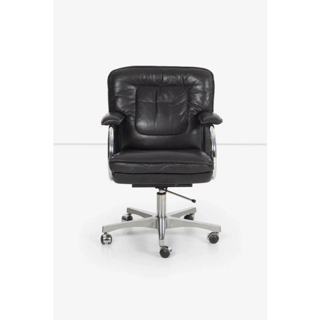 Frank Mariani Leather Desk Chair, pillowed seat and back and arms covered with Black Leather, tubular steel chrome plated....