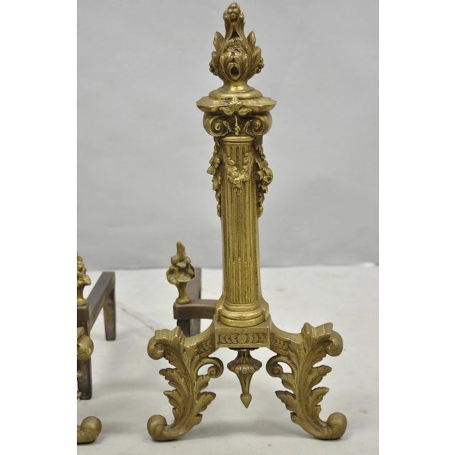 Antique French Empire Style Bronze Corinthian Column Fireplace Andirons - A Pair For Sale In Philadelphia - Image 6 of 14