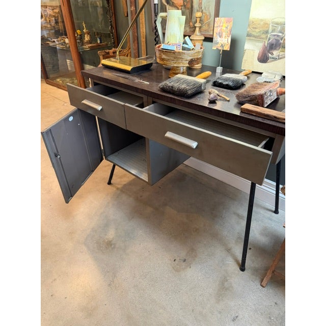 Slate Gray Vintage Metal Desk With Walnut Top For Sale - Image 8 of 8