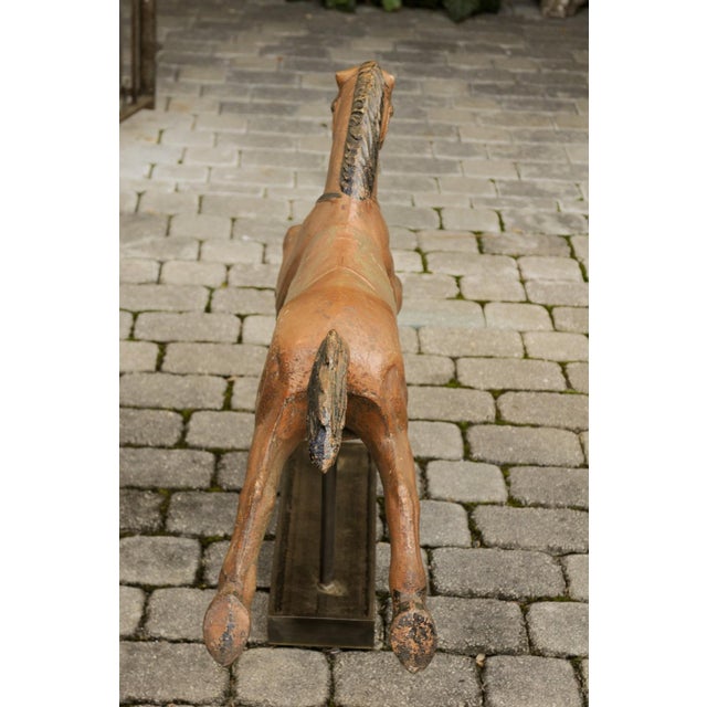 Vintage 1940s Folk Art Painted Iron Child Riding Horse Mounted on Custom Base For Sale - Image 12 of 12
