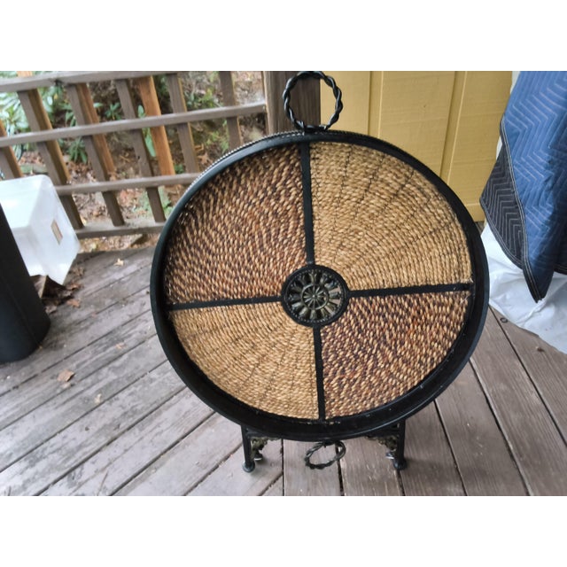 Vintage Hollywood Regency Woven Wicker and Wrought Iron Round Tray Table. For Sale - Image 15 of 16