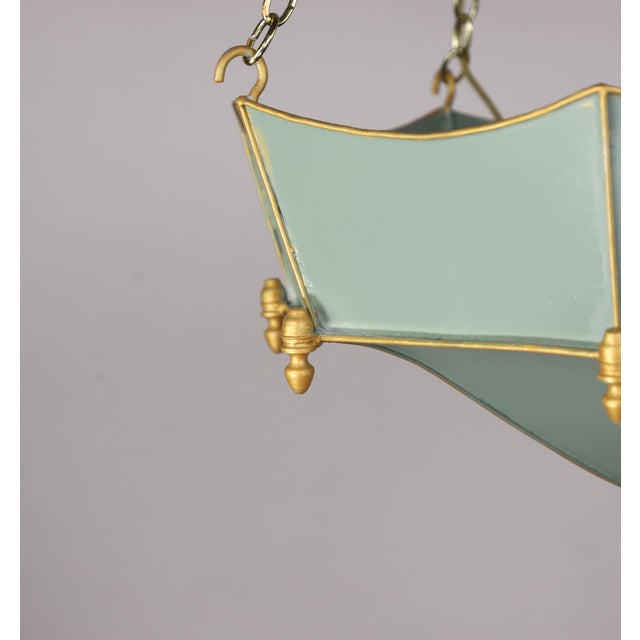 Vintage Tole Umbrella-Shaped Metal Chandelier — Sage Green and Gold Leaf For Sale In New York - Image 6 of 12